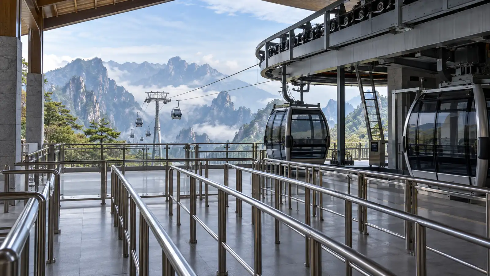 Empty mountain cable-car station with organized access lanes Empty mountain cable-car station with organized access lanes