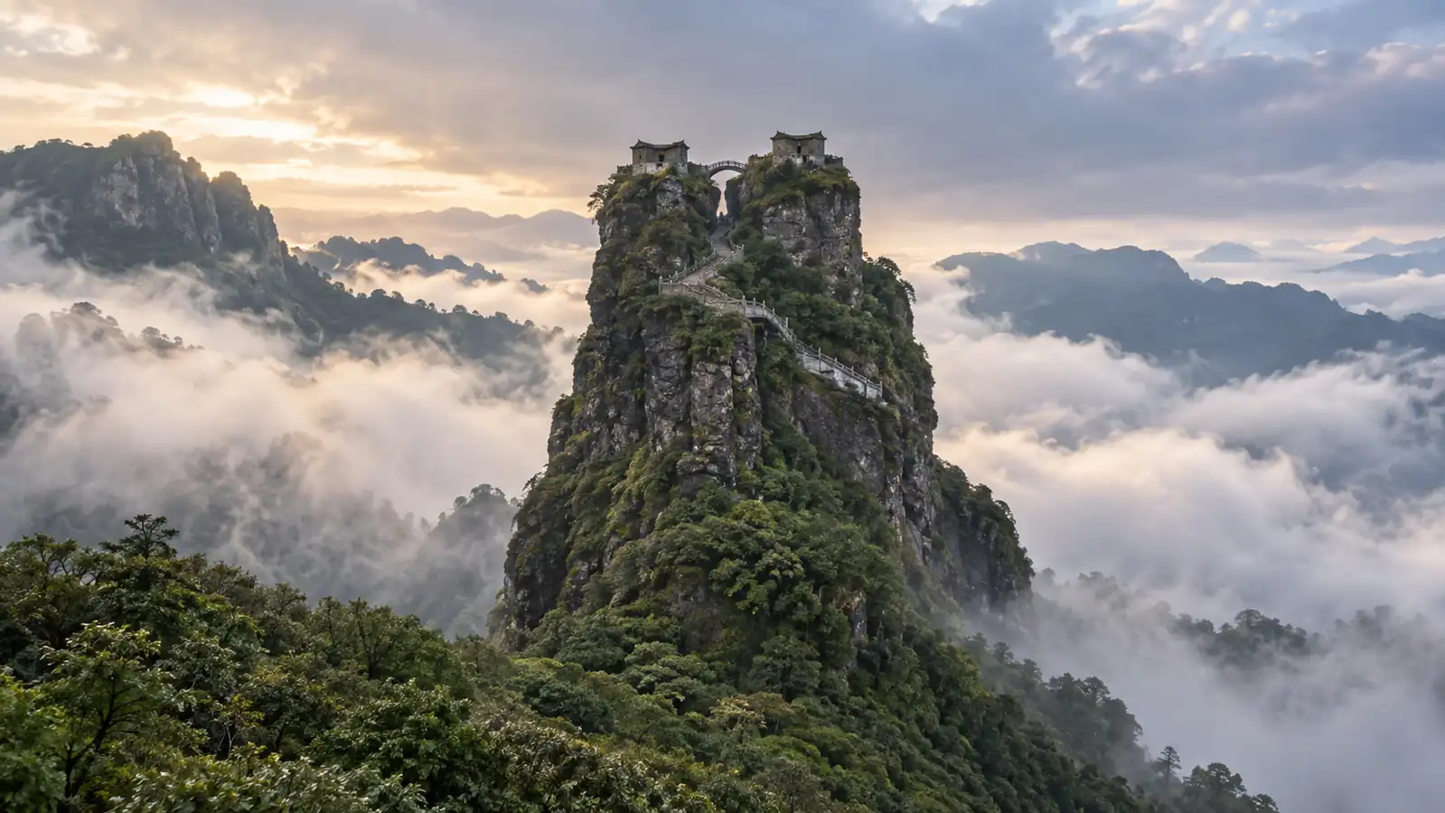 Mount Fanjing summit temples rising above cloud forest Mount Fanjing summit temples rising above cloud forest