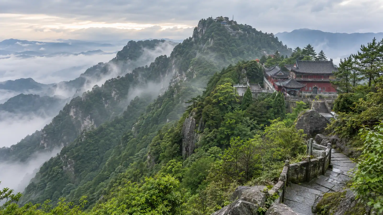 Mount Heng in Hunan Forested ridgelines and temple roofs on Mount Heng in Hunan
