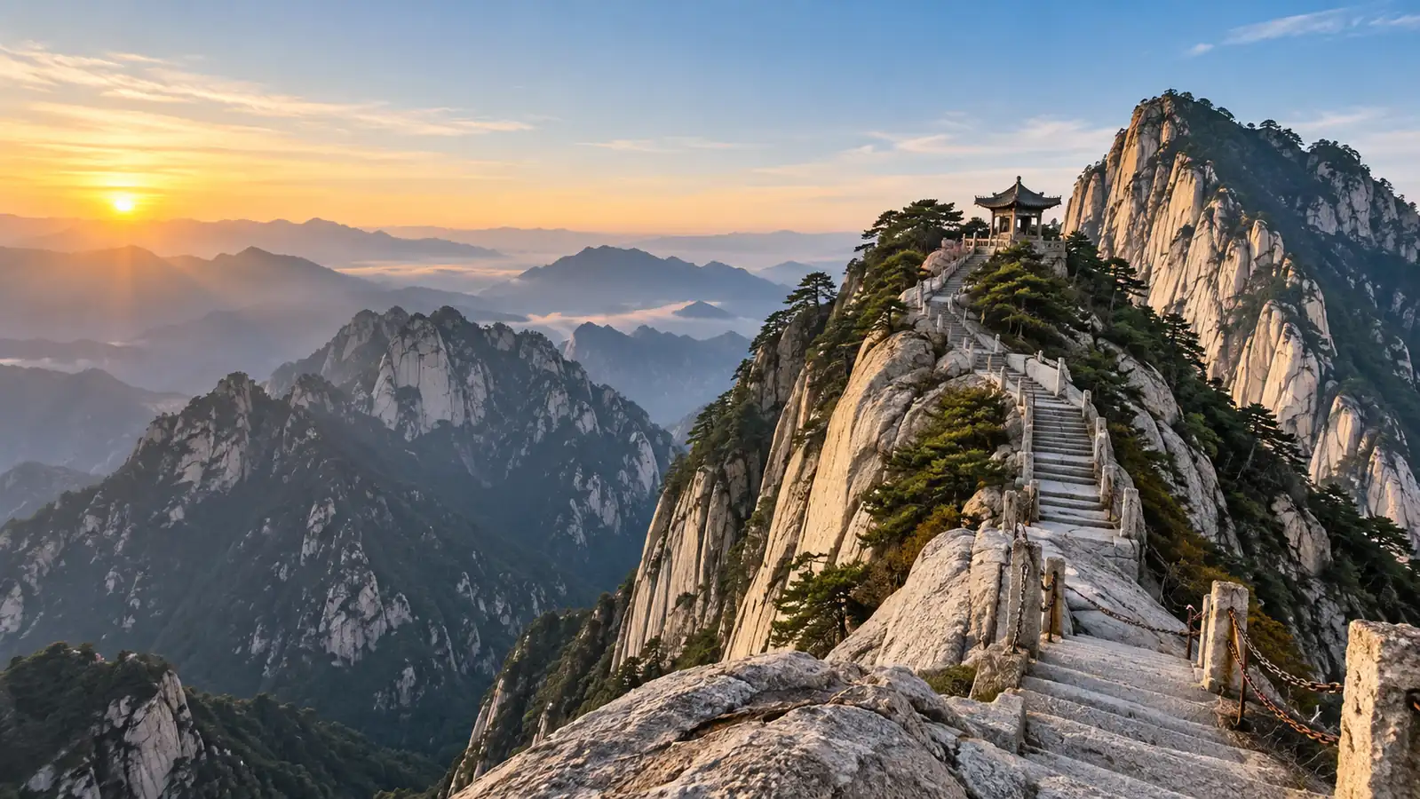 Granite ridges and stone stair trail on Mount Hua Granite ridges and stone stair trail on Mount Hua