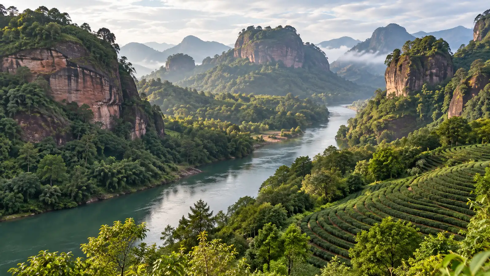 Wuyi Mountains river valley and tea-covered slopes Wuyi Mountains river valley and tea-covered slopes