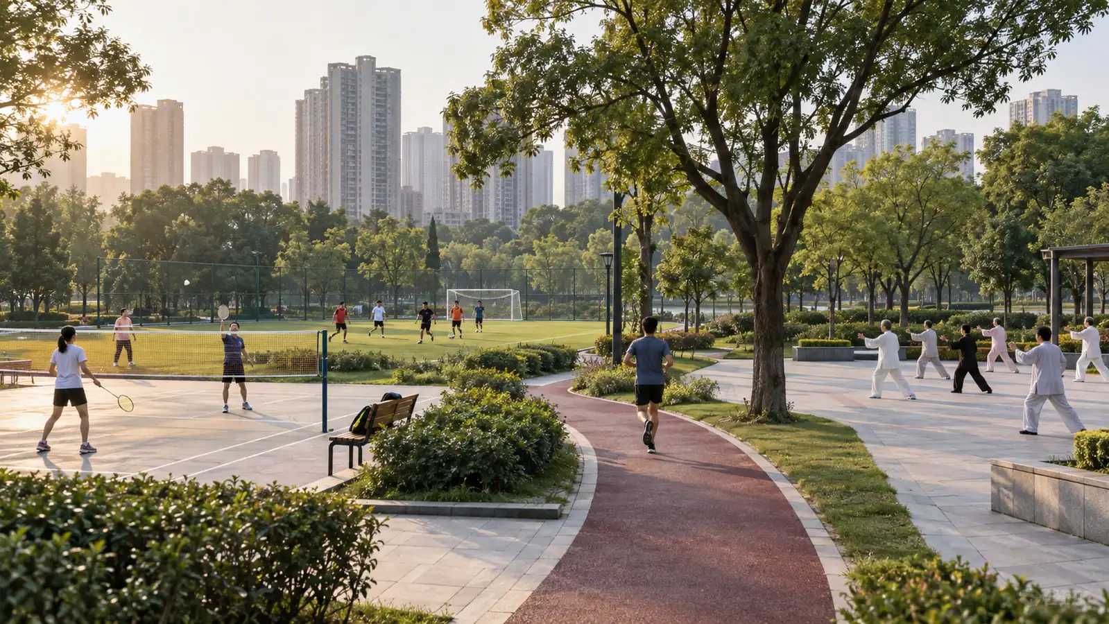 Badminton, football, running, and tai chi activities in a Chinese public park