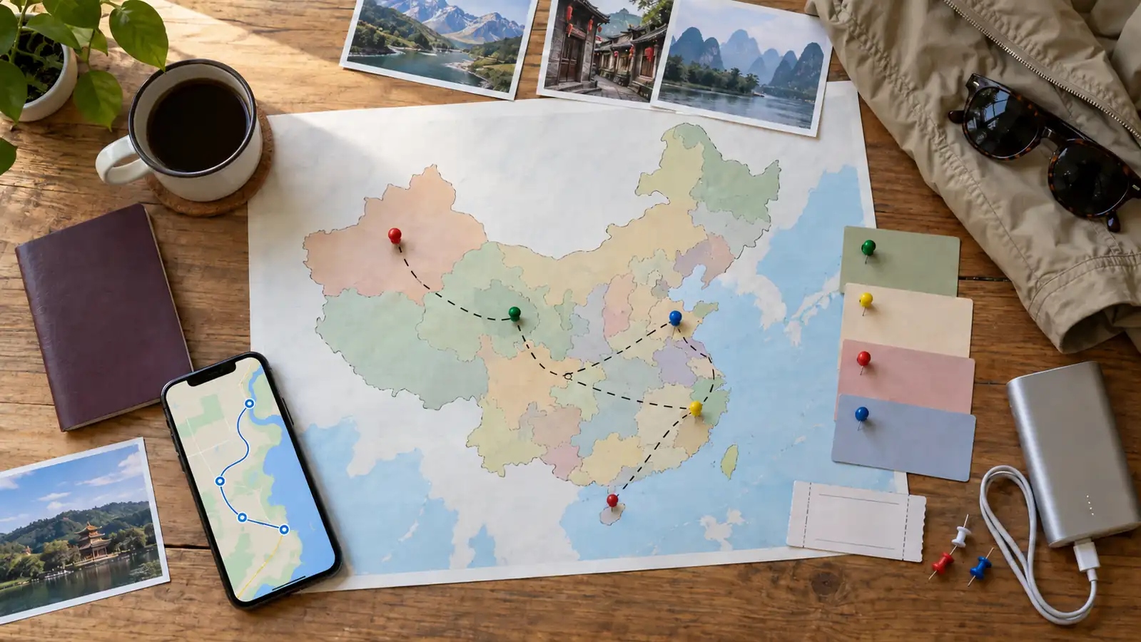China regional trip planning with an unlabeled map, route pins, phone, passport, and power bank China regional trip planning with an unlabeled map, route pins, phone, passport, and power bank