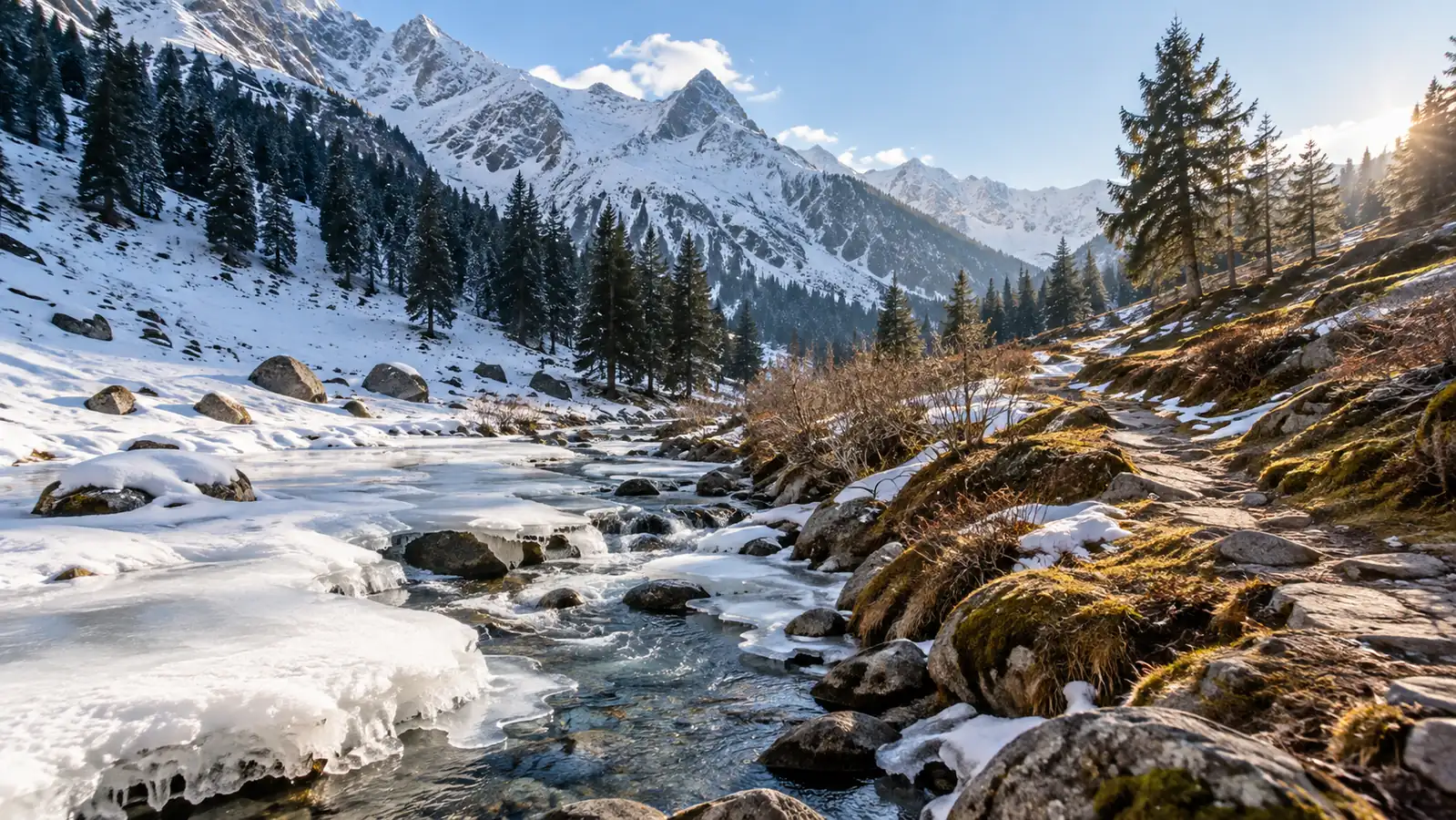 A Chinese mountain valley transitioning from deep snow to early thaw A Chinese mountain valley transitioning from deep snow to early thaw