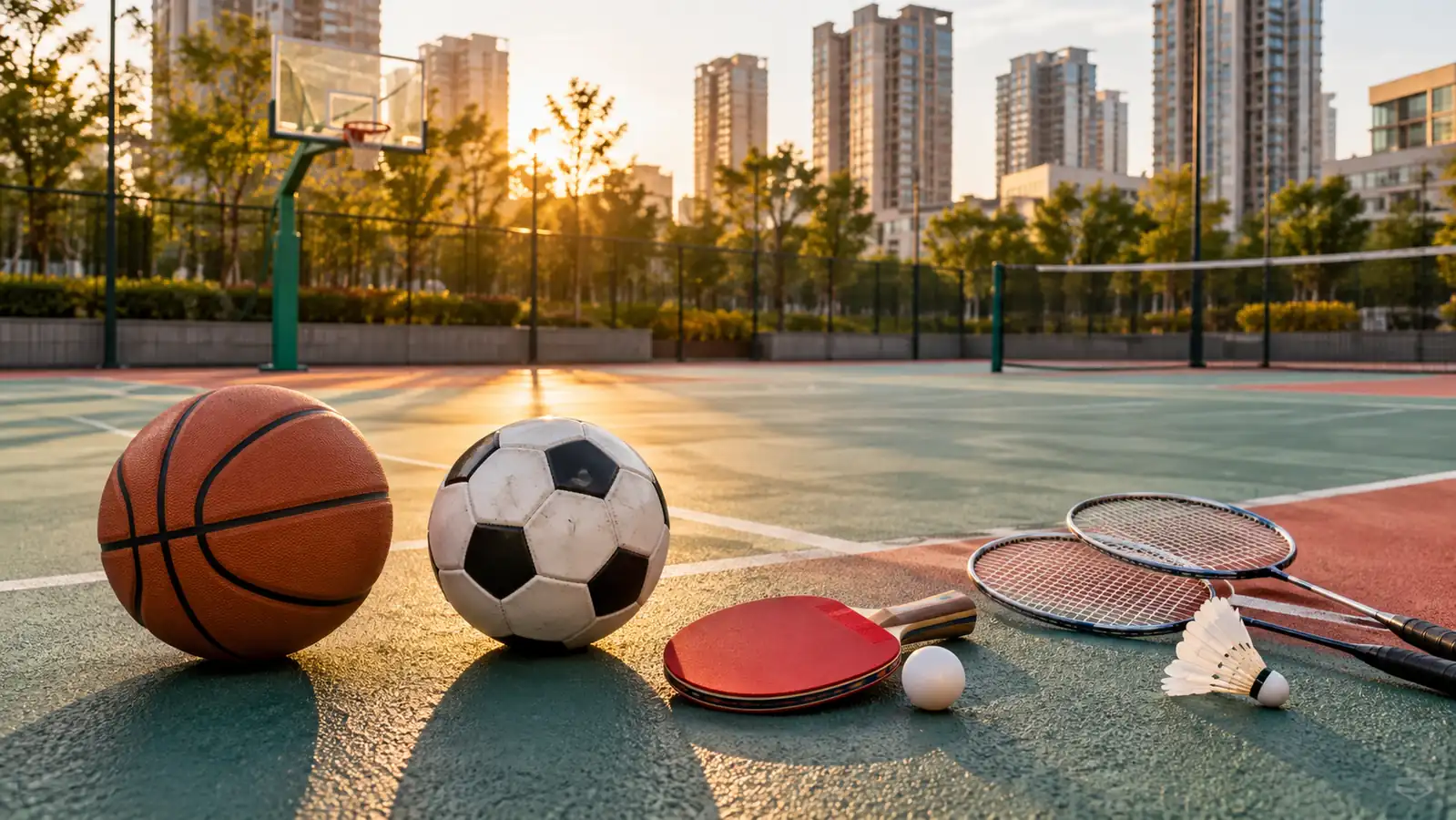 Basketball, football, table tennis, and badminton equipment on an urban sports court