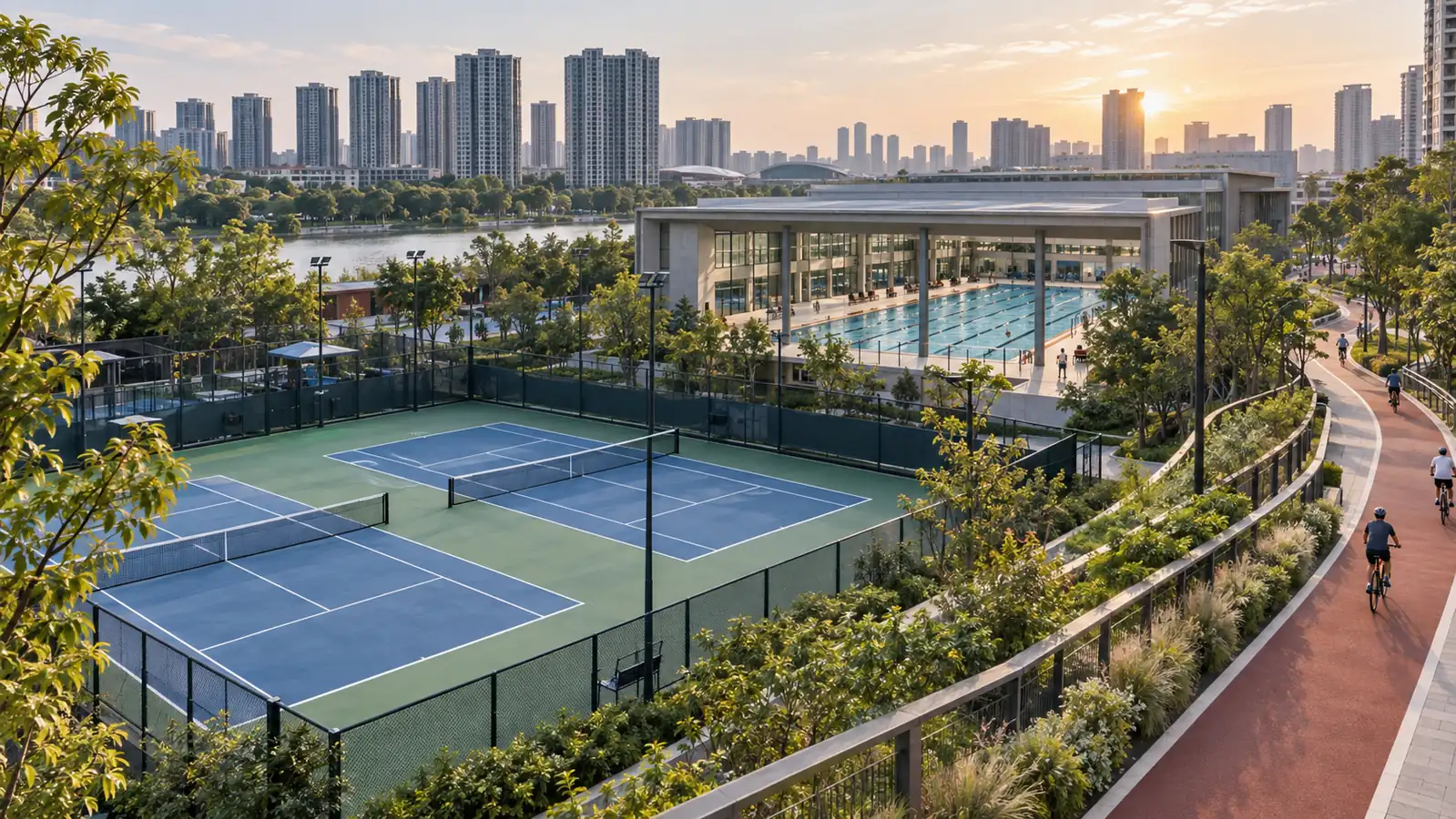 Tennis courts, lap pool, and cycle path in a Chinese urban sports complex