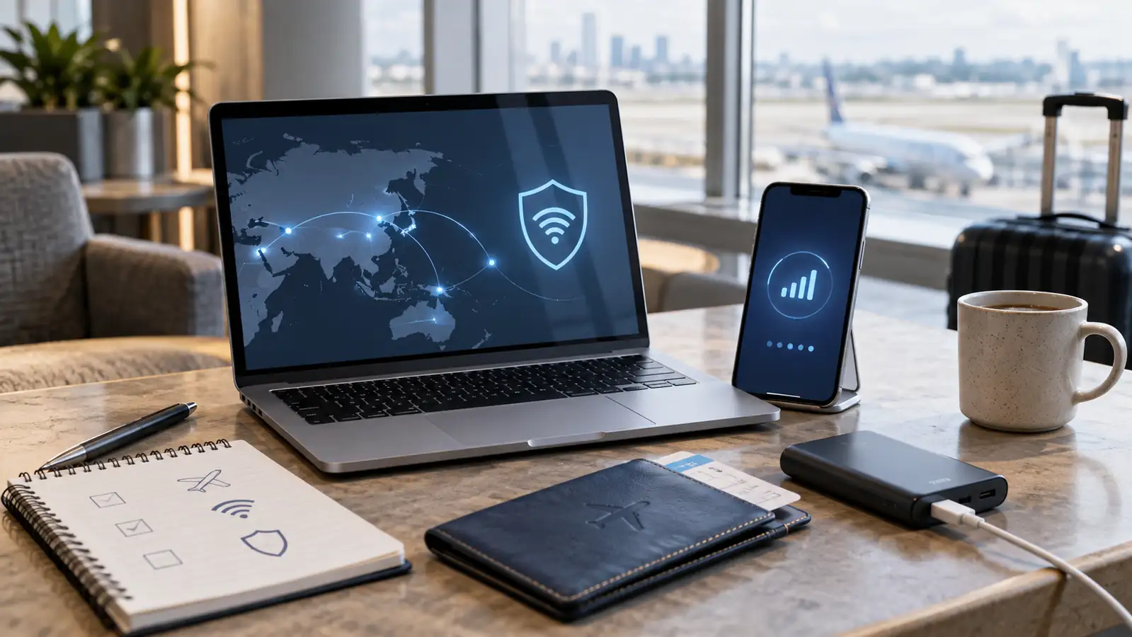 Laptop and phone prepared for secure connectivity while traveling