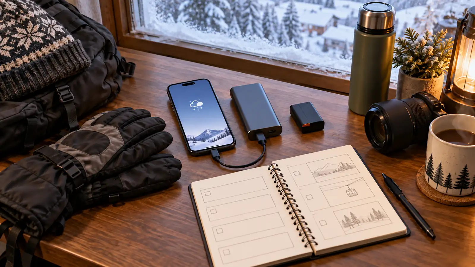 Winter travel gear, phone, power bank, and itinerary notebook Winter travel gear, phone, power bank, and itinerary notebook