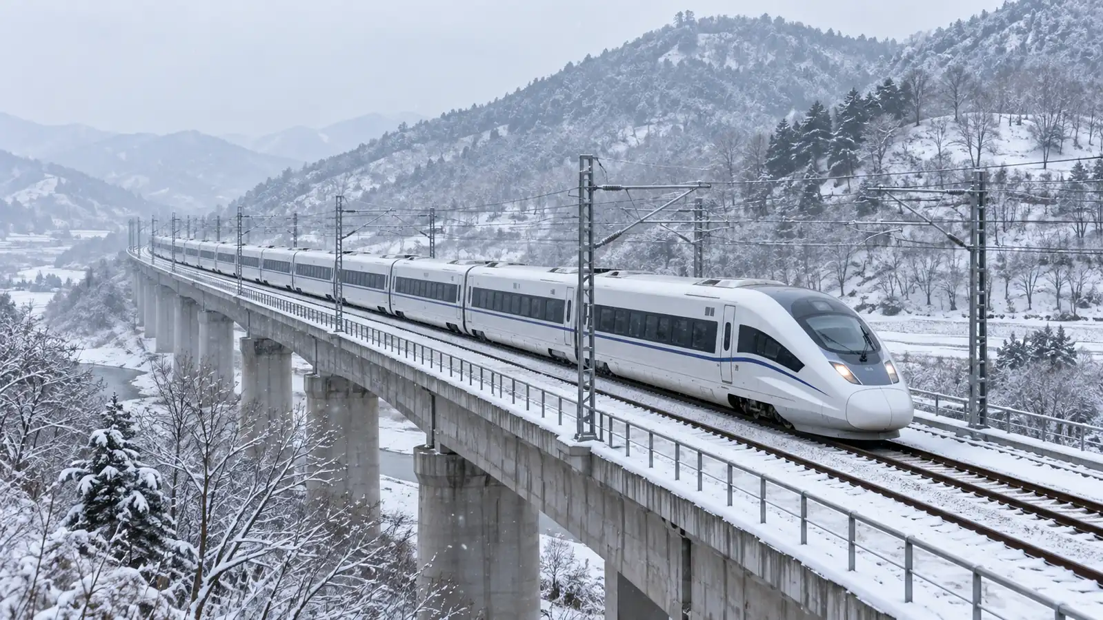 A Chinese high-speed train crossing a snowy mountain landscape A Chinese high-speed train crossing a snowy mountain landscape