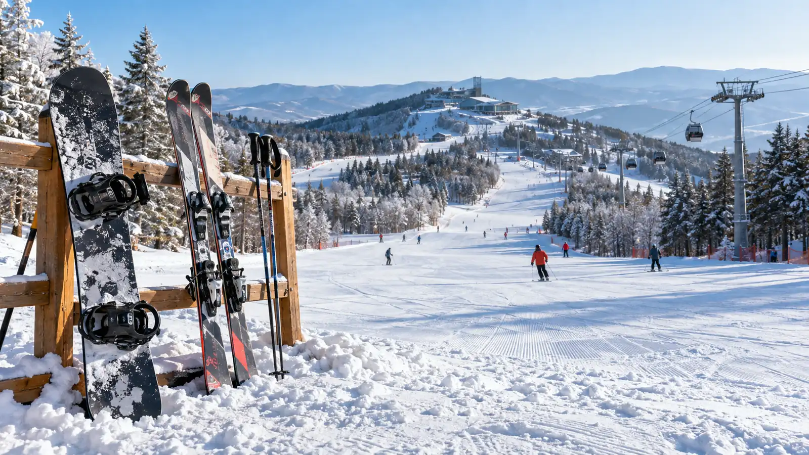 Skis, snowboard, and skiers at a modern Chinese winter resort