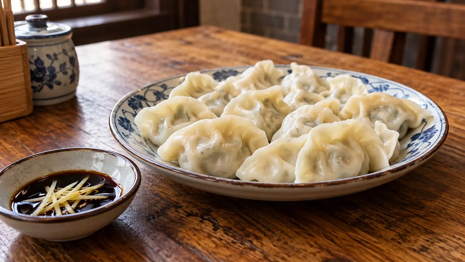Chinese jiaozi served with vinegar and ginger Northern Chinese jiaozi with black vinegar and ginger