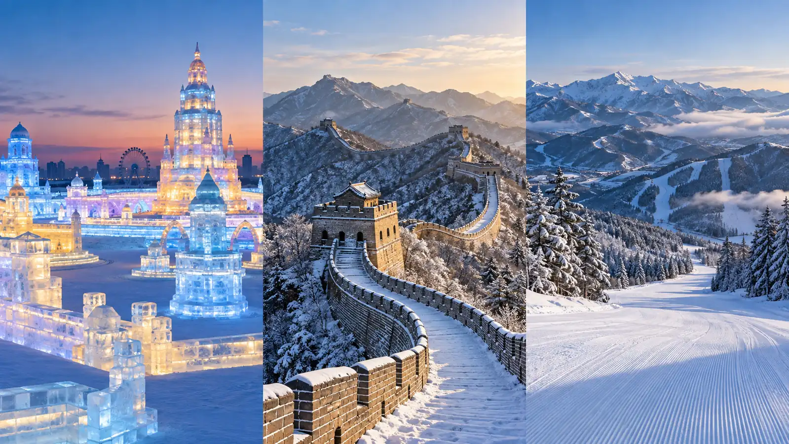 Harbin ice architecture, the snowy Great Wall, and a Chinese ski slope Harbin ice architecture, the snowy Great Wall, and a Chinese ski slope