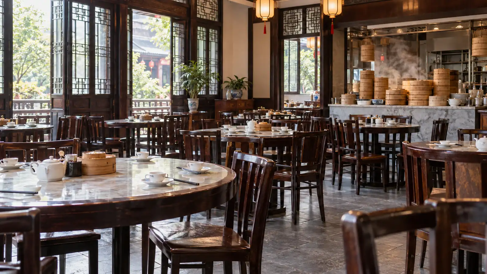 Empty Cantonese teahouse prepared for early dim sum service Empty Cantonese teahouse prepared for early dim sum service