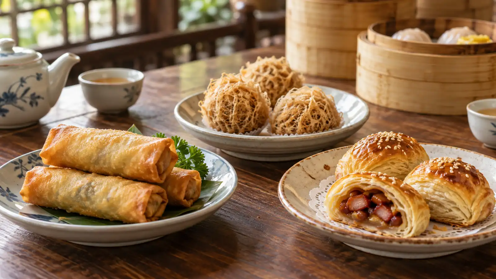 Spring rolls, wu gok taro dumplings, and char siu sou pastries Spring rolls, wu gok taro dumplings, and char siu sou pastries