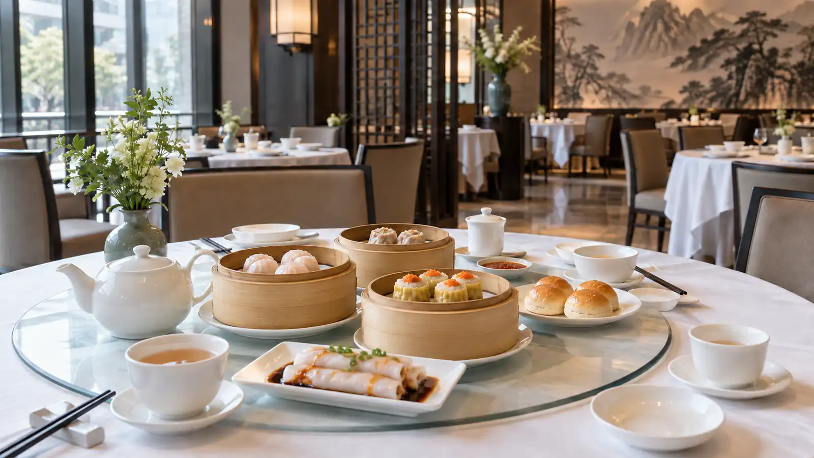 Polished Cantonese dim sum restaurant with a formal table setting Polished Cantonese dim sum restaurant with a formal table setting