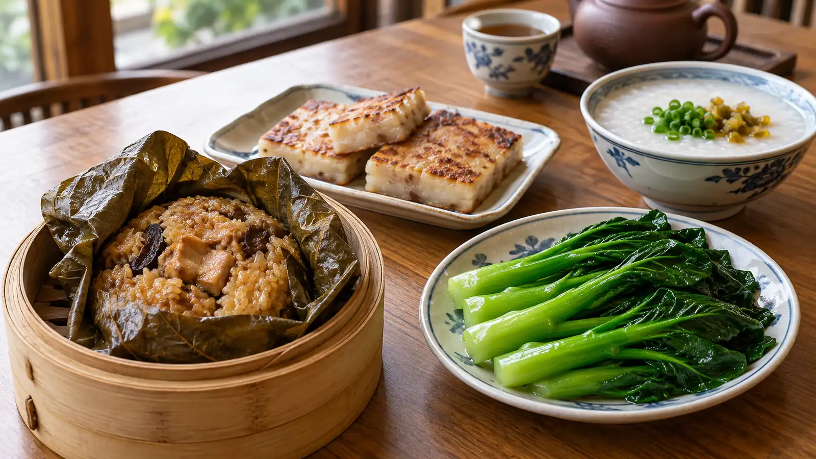 Lo mai gai, turnip cake, gai lan, and congee on a teahouse table Lo mai gai, turnip cake, gai lan, and congee on a teahouse table