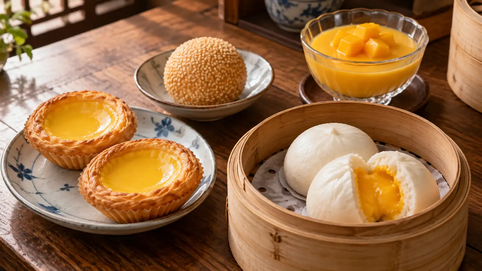 Egg tarts, sesame ball, custard buns, and mango pudding Egg tarts, sesame ball, custard buns, and mango pudding