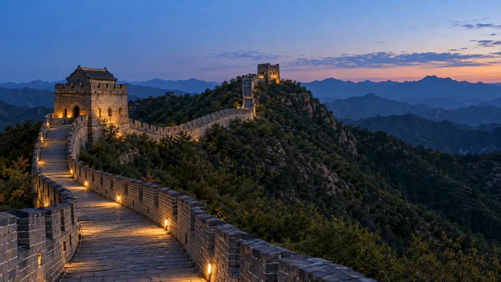 Great Wall at Blue Hour Managed Great Wall and watchtowers illuminated at blue hour