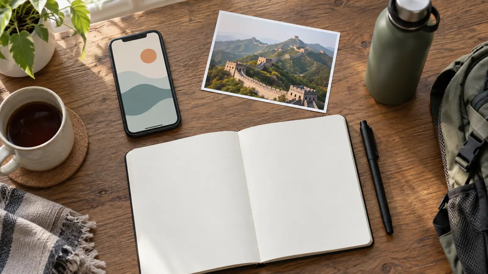 Great Wall Tour Planning Blank notebook and phone arranged for Great Wall trip planning