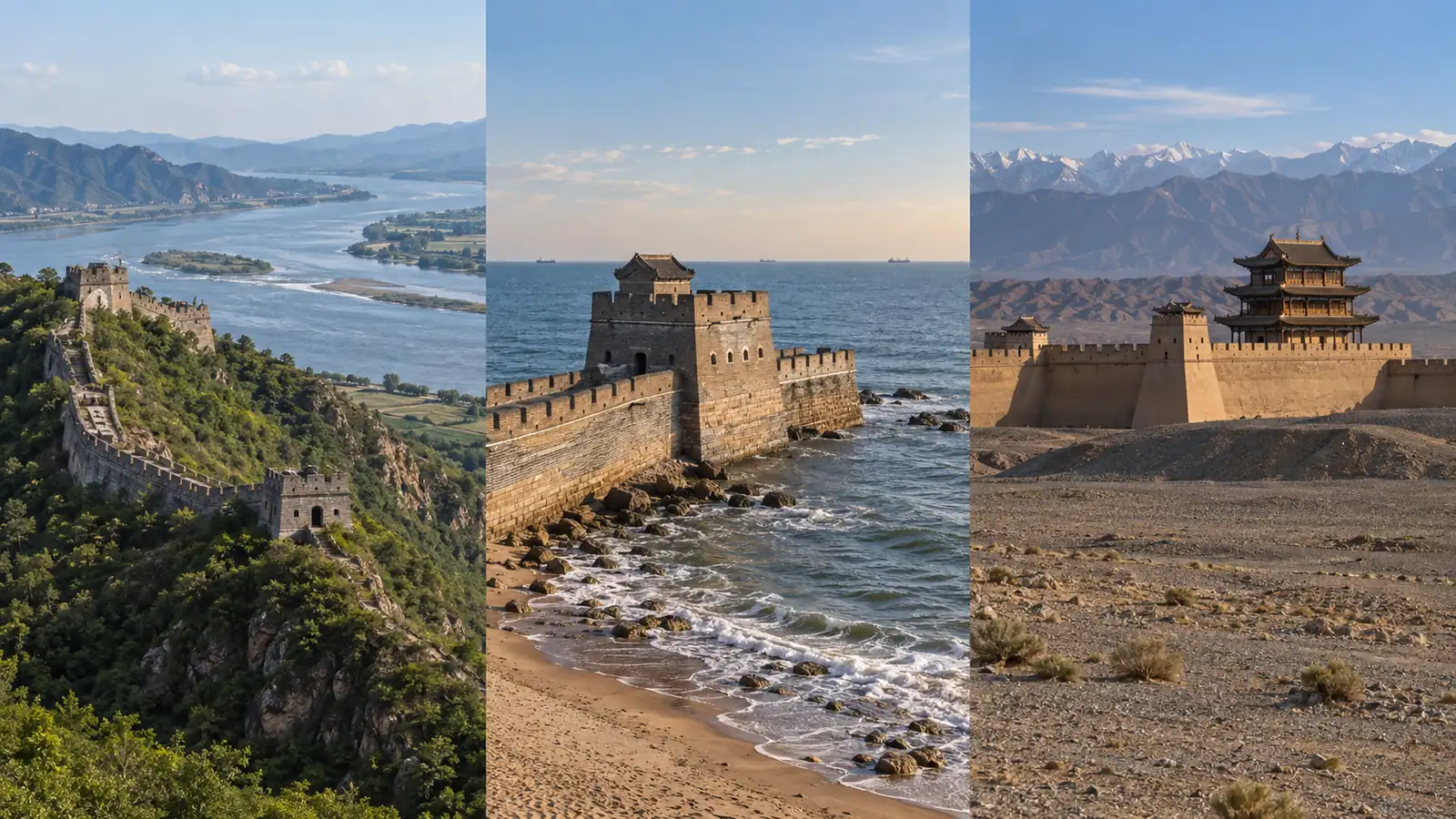 Hushan river ridge, Laolongtou coast, and Jiayuguan desert fortress compared side by side