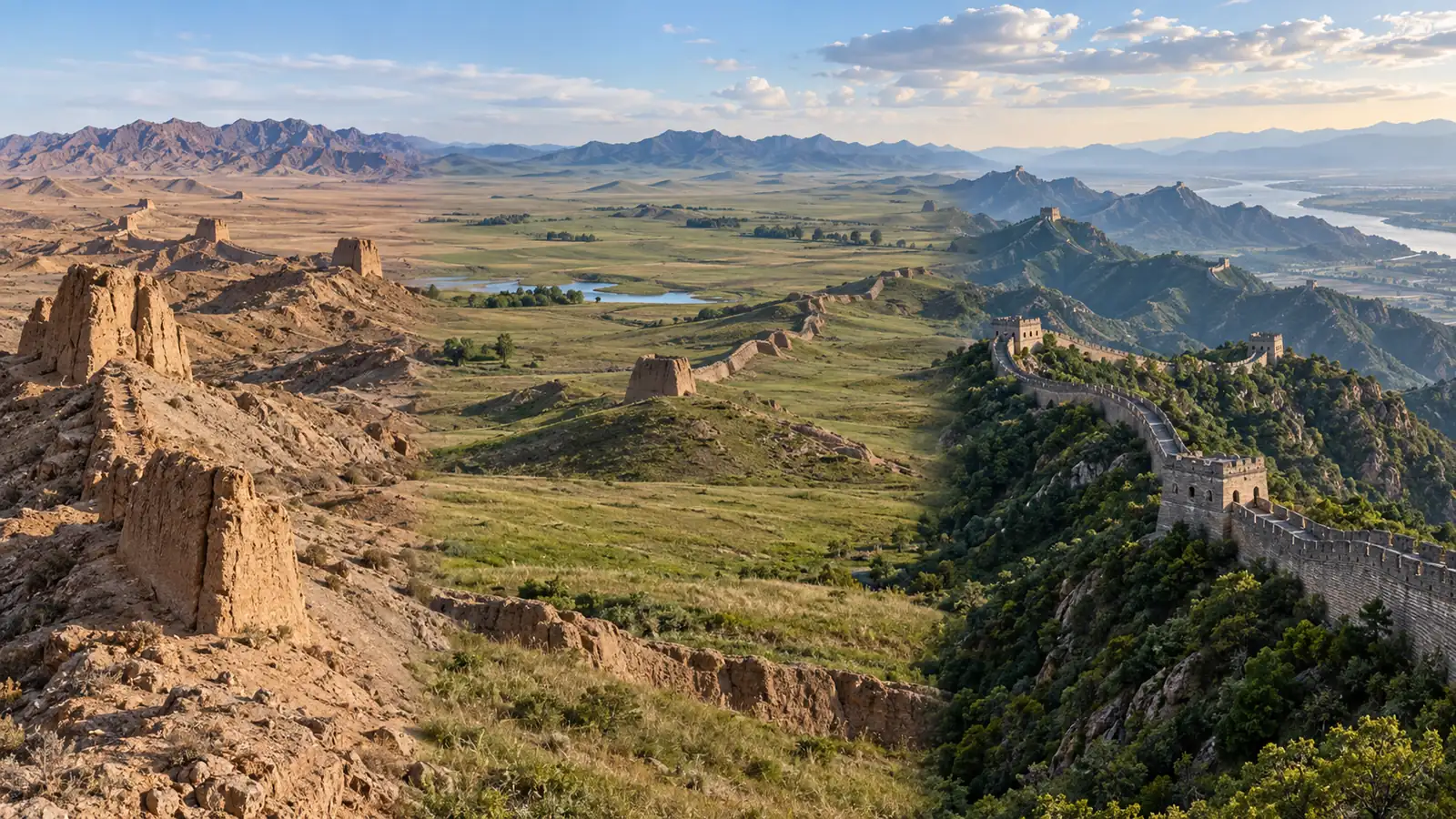 Great Wall remains across desert, grassland, mountain, and river landscapes