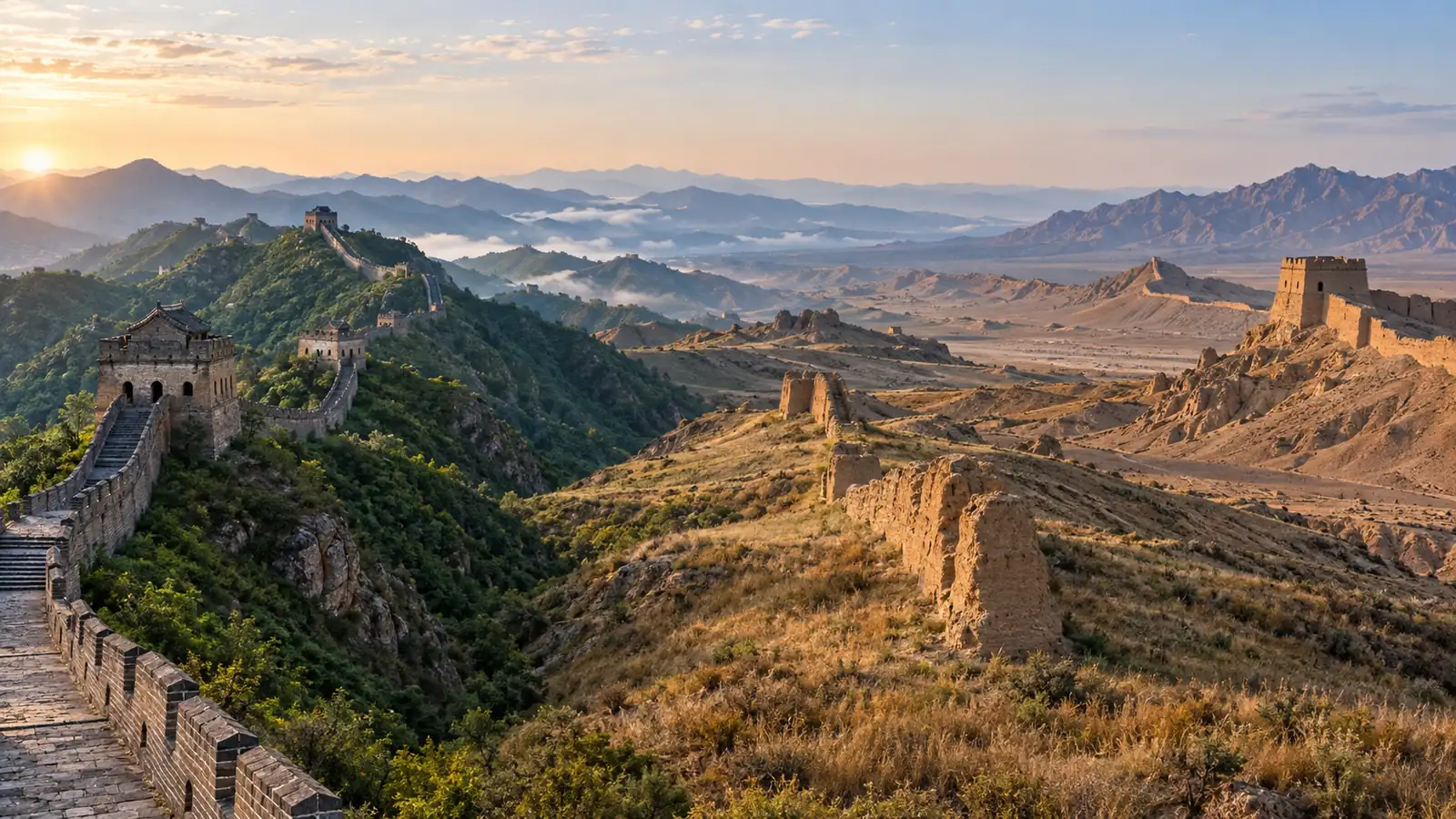 Great Wall landscapes from green Ming mountain ridges to dry western frontier remains