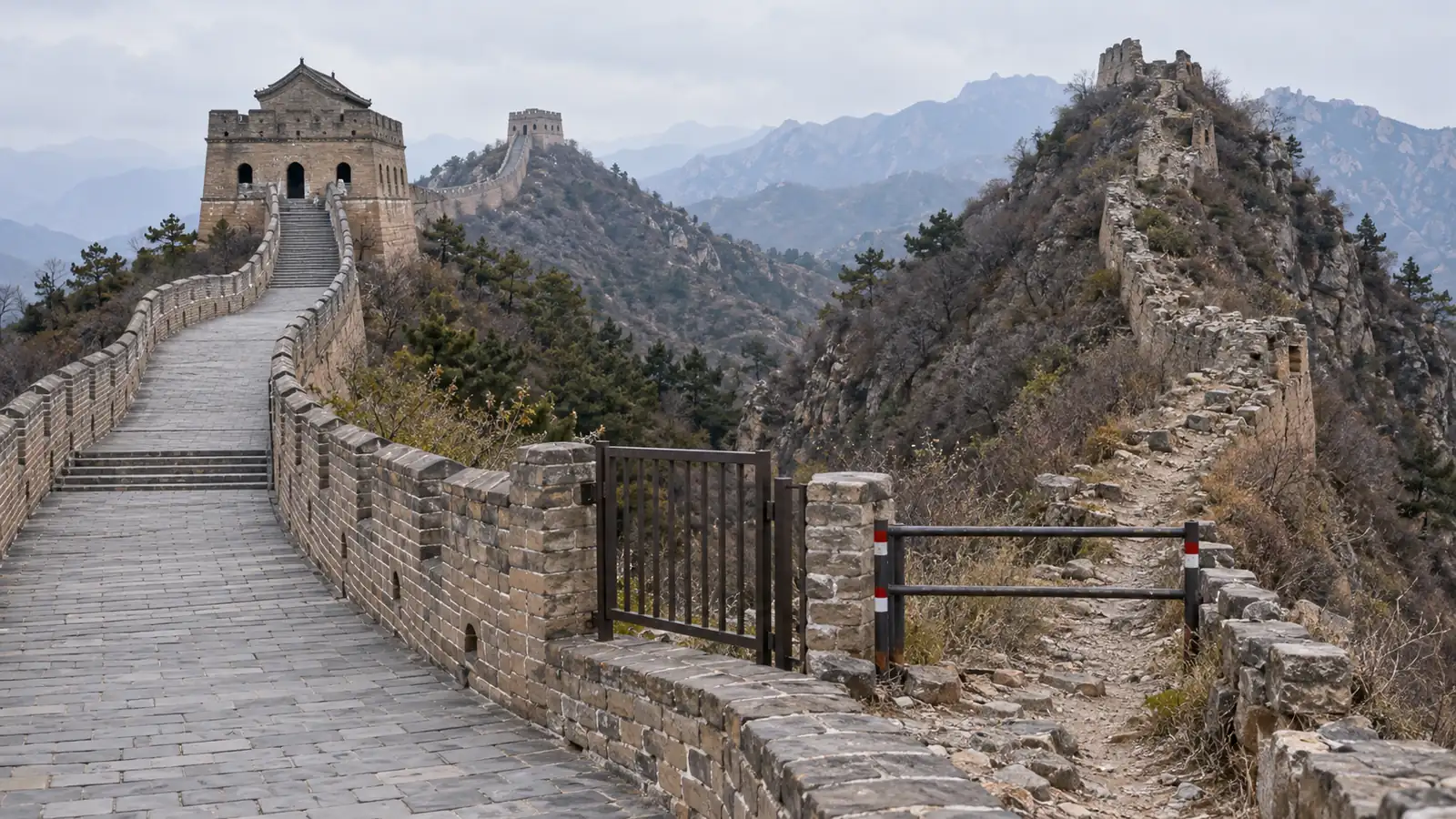 Gate separating an open restored Great Wall route from a crumbling closed side trail