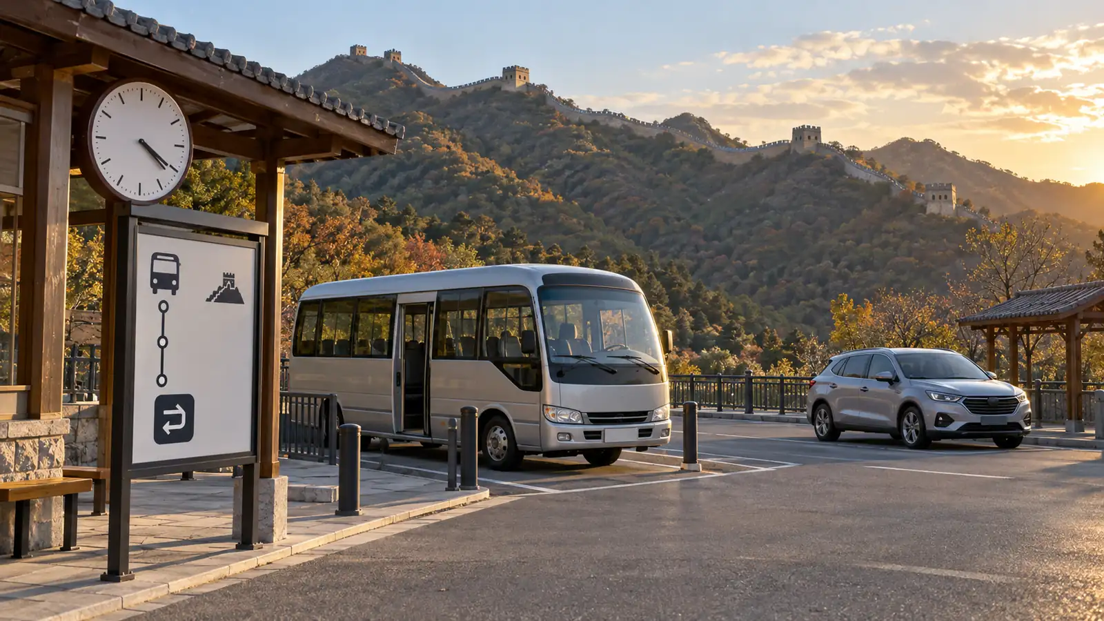 Shuttle pickup area and waiting car below a Great Wall ridge in late afternoon