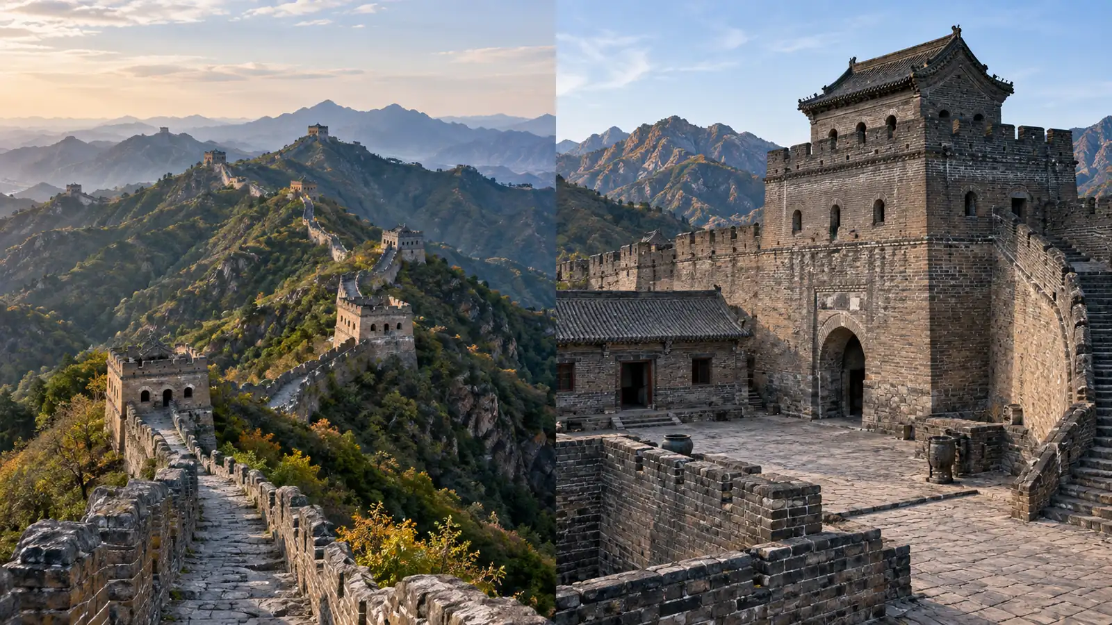 Panoramic Great Wall ridge compared with a concentrated fortified pass complex