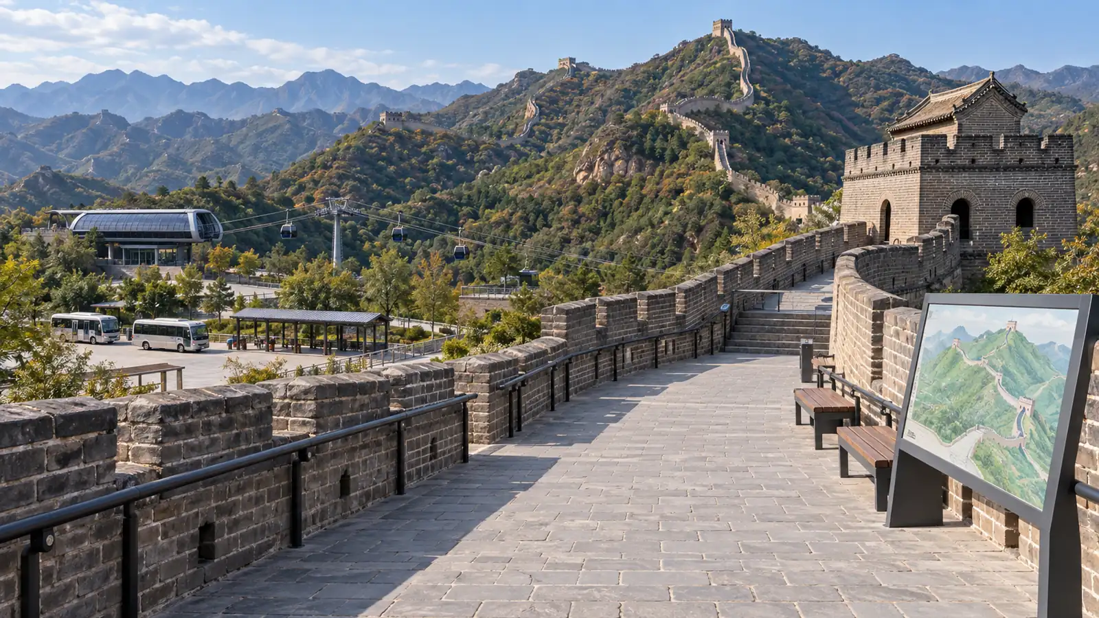 Managed Great Wall walkway with handrails, benches, shuttle area, and cable car