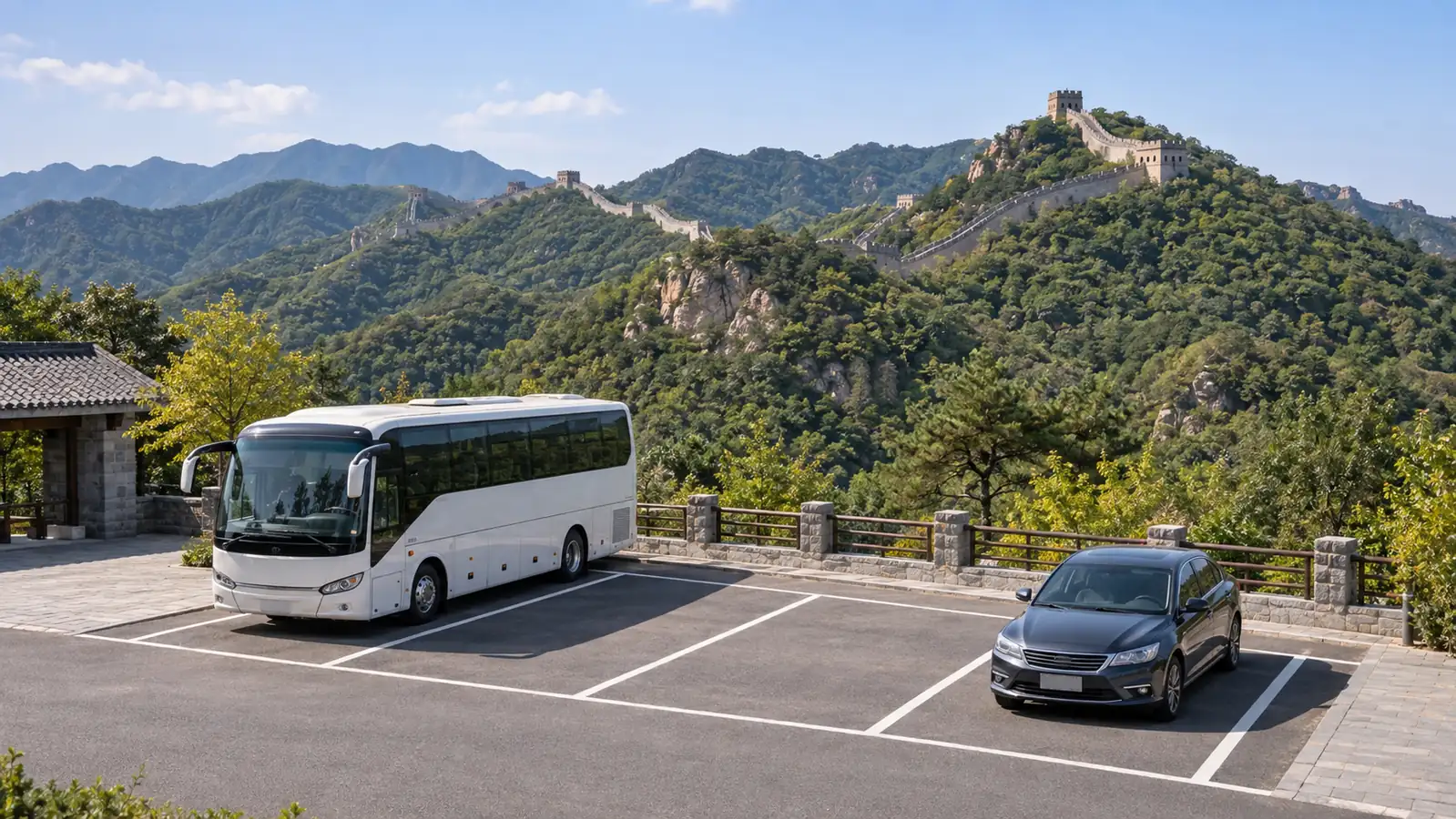 Great Wall Transport Options Tour coach and private car parked below a Great Wall mountain ridge