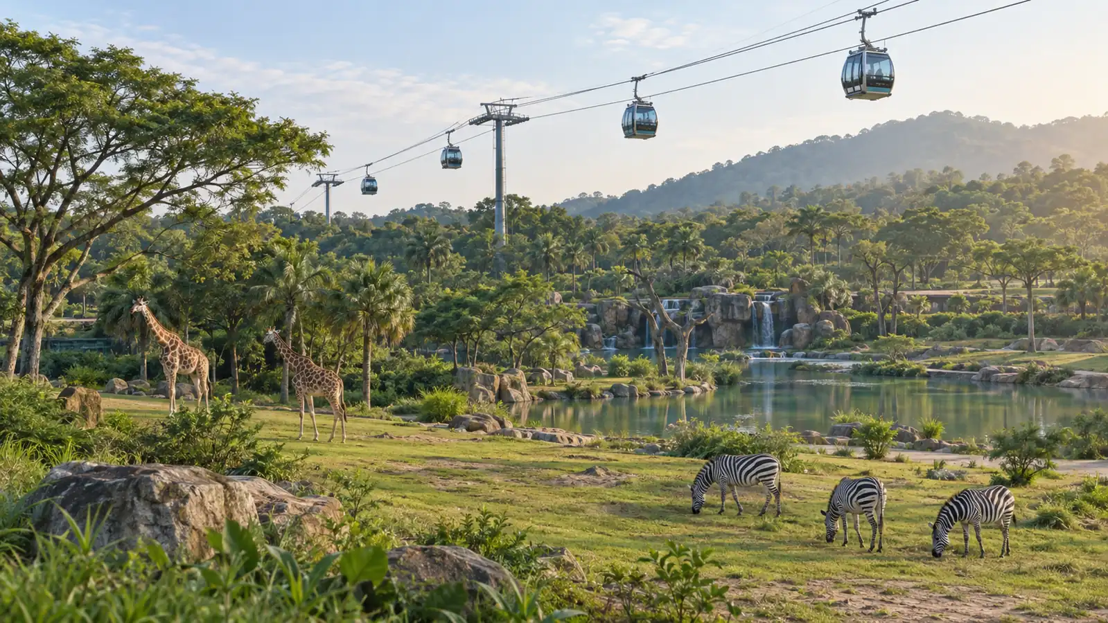 Open safari habitat with giraffes, zebras, and an aerial cable car Open safari habitat with giraffes, zebras, and an aerial cable car