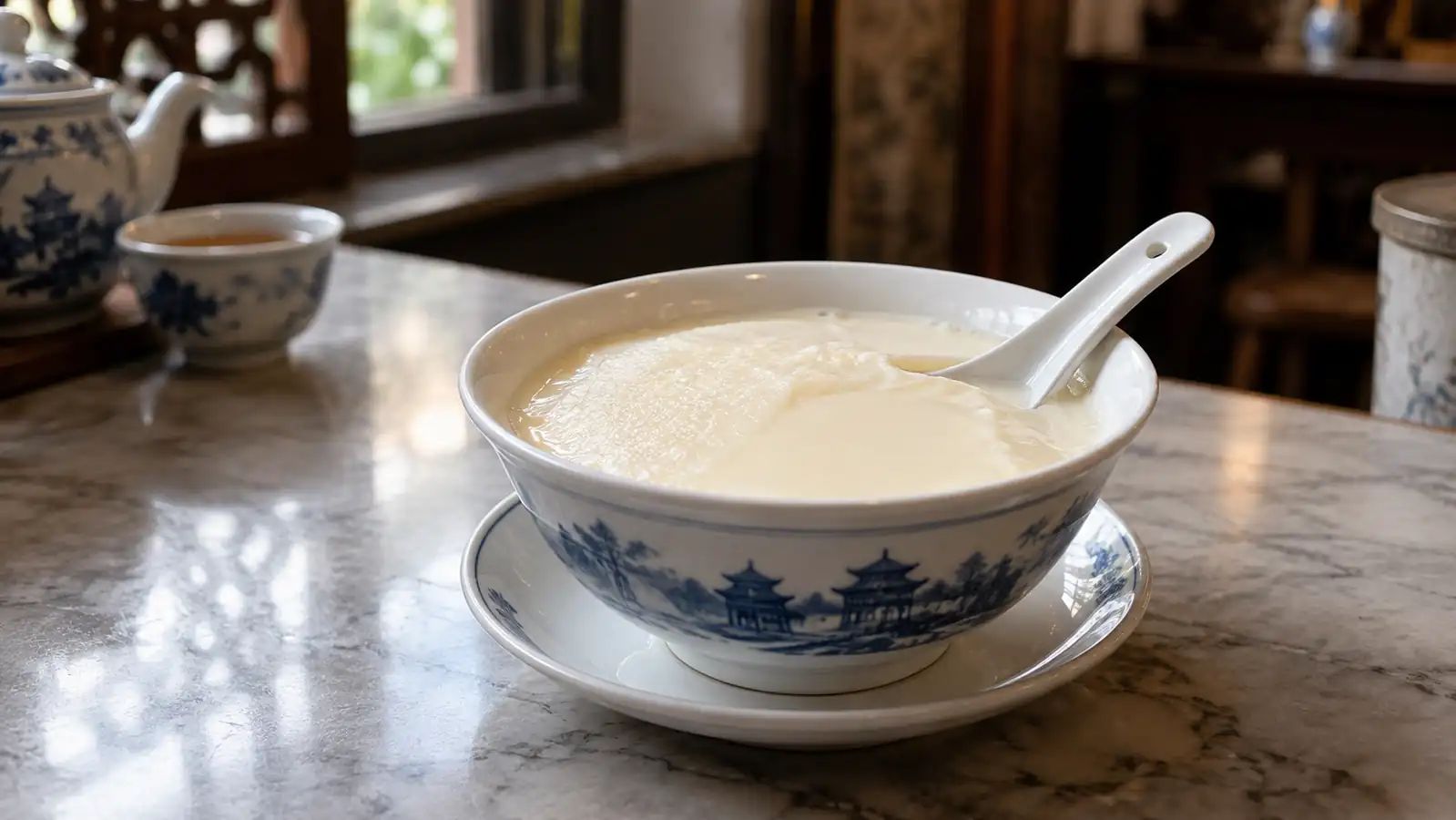 Cantonese double-skin milk pudding in a porcelain bowl Cantonese double-skin milk pudding in a porcelain bowl