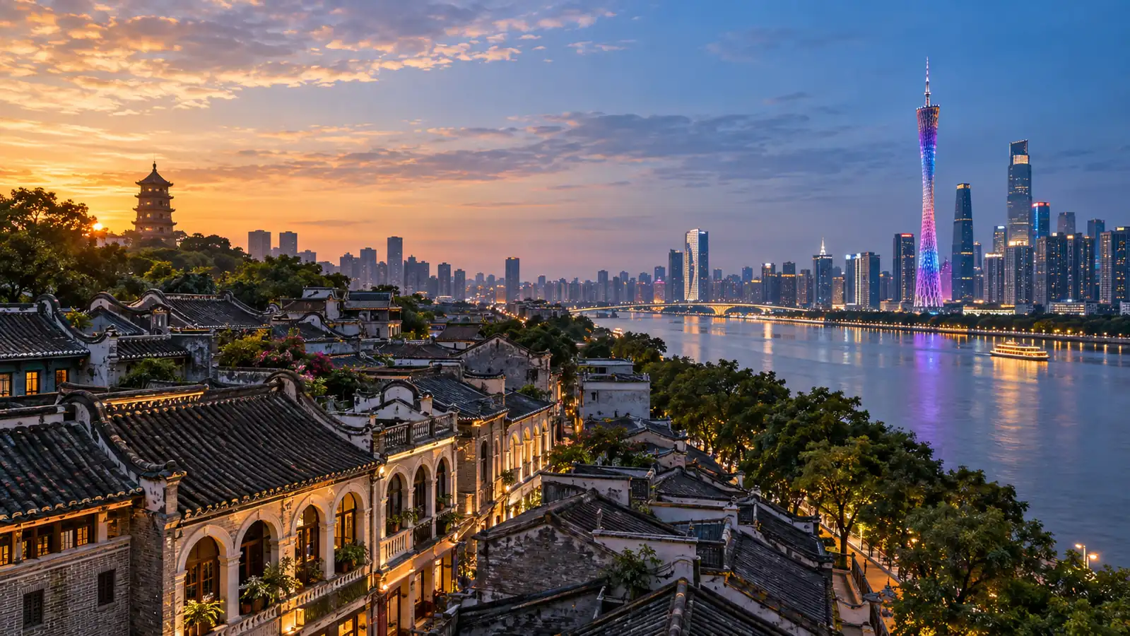 Historic Guangzhou rooftops transitioning to the Pearl River skyline Historic Guangzhou rooftops transitioning to the Pearl River skyline