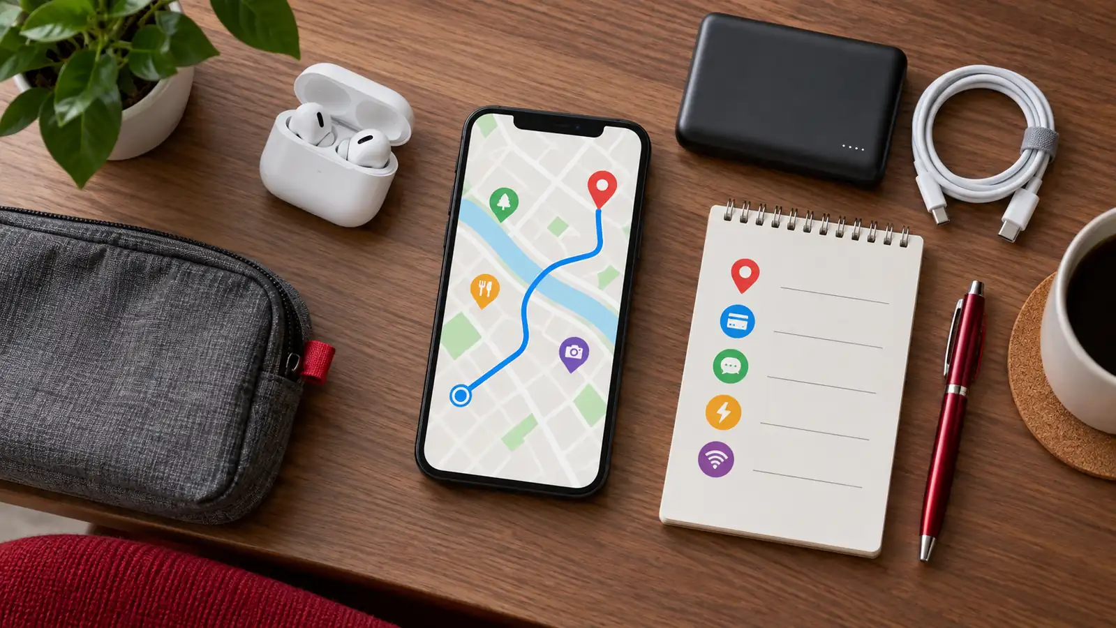 Phone, power bank, earbuds, and travel-planning notepad for a Guangzhou trip Phone, power bank, earbuds, and travel-planning notepad for a Guangzhou trip