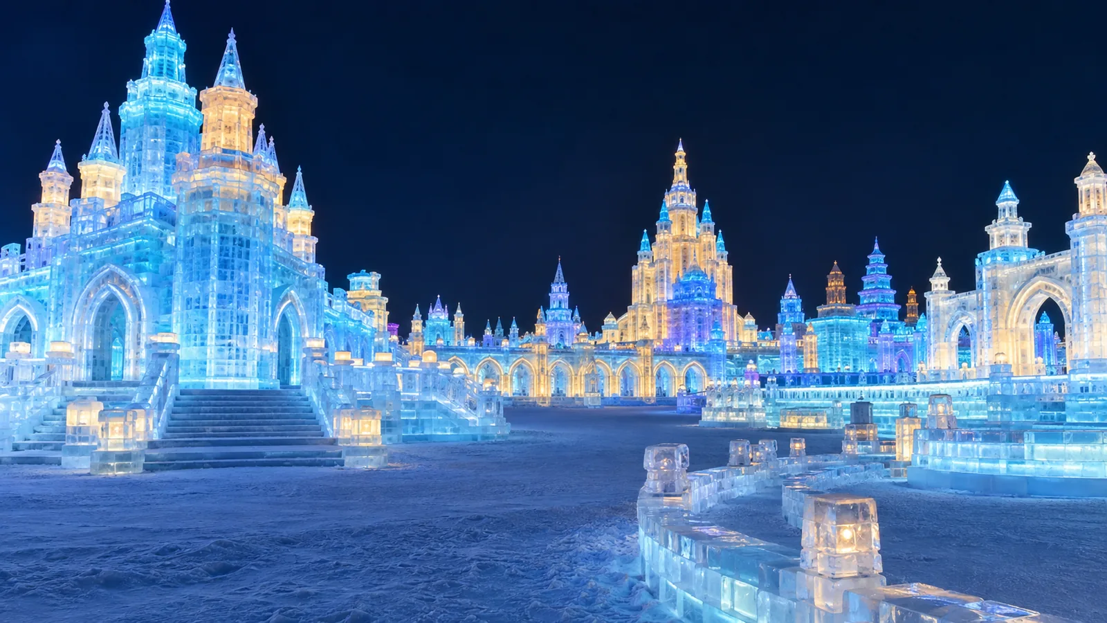 Illuminated ice architecture at Harbin Ice and Snow World
