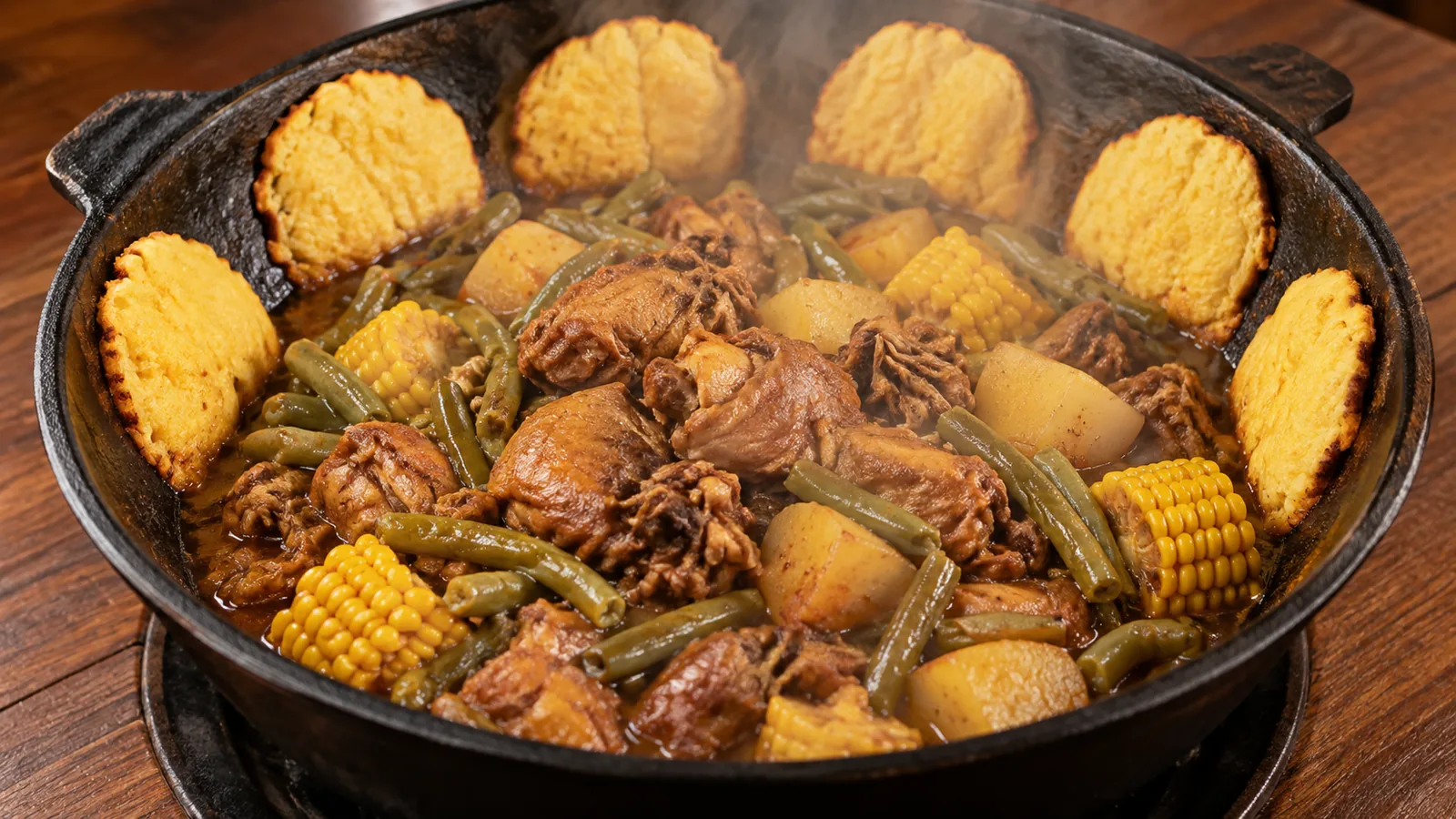 Northeast Chinese iron-pot stew with vegetables and cornbread