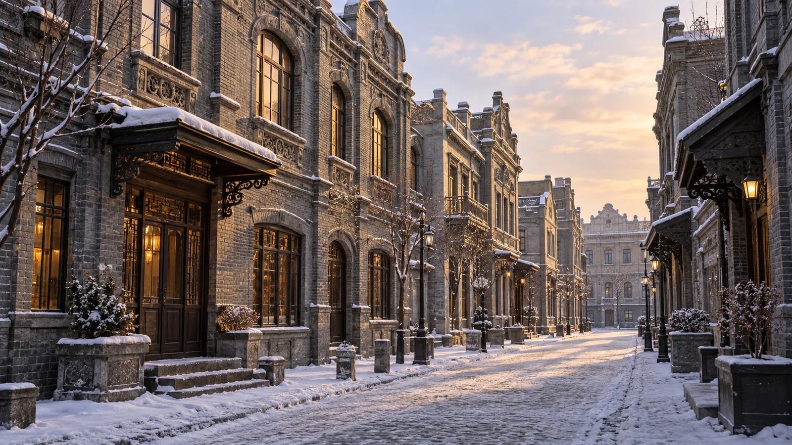 Snowy Chinese Baroque street in Harbin Laodaowai
