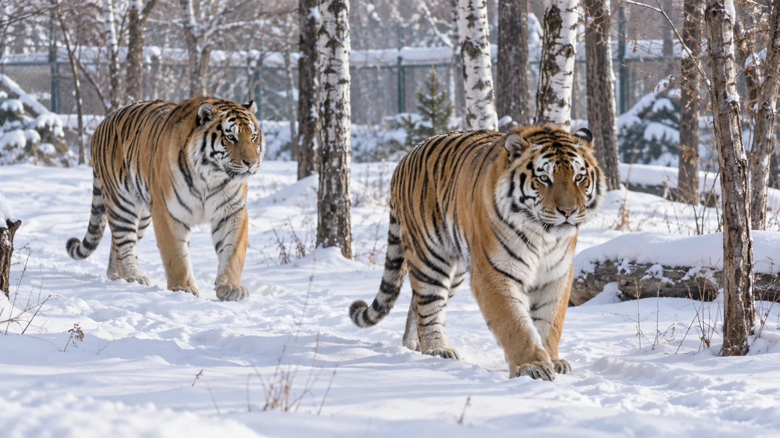 Siberian tigers in a snowy managed habitat in Harbin