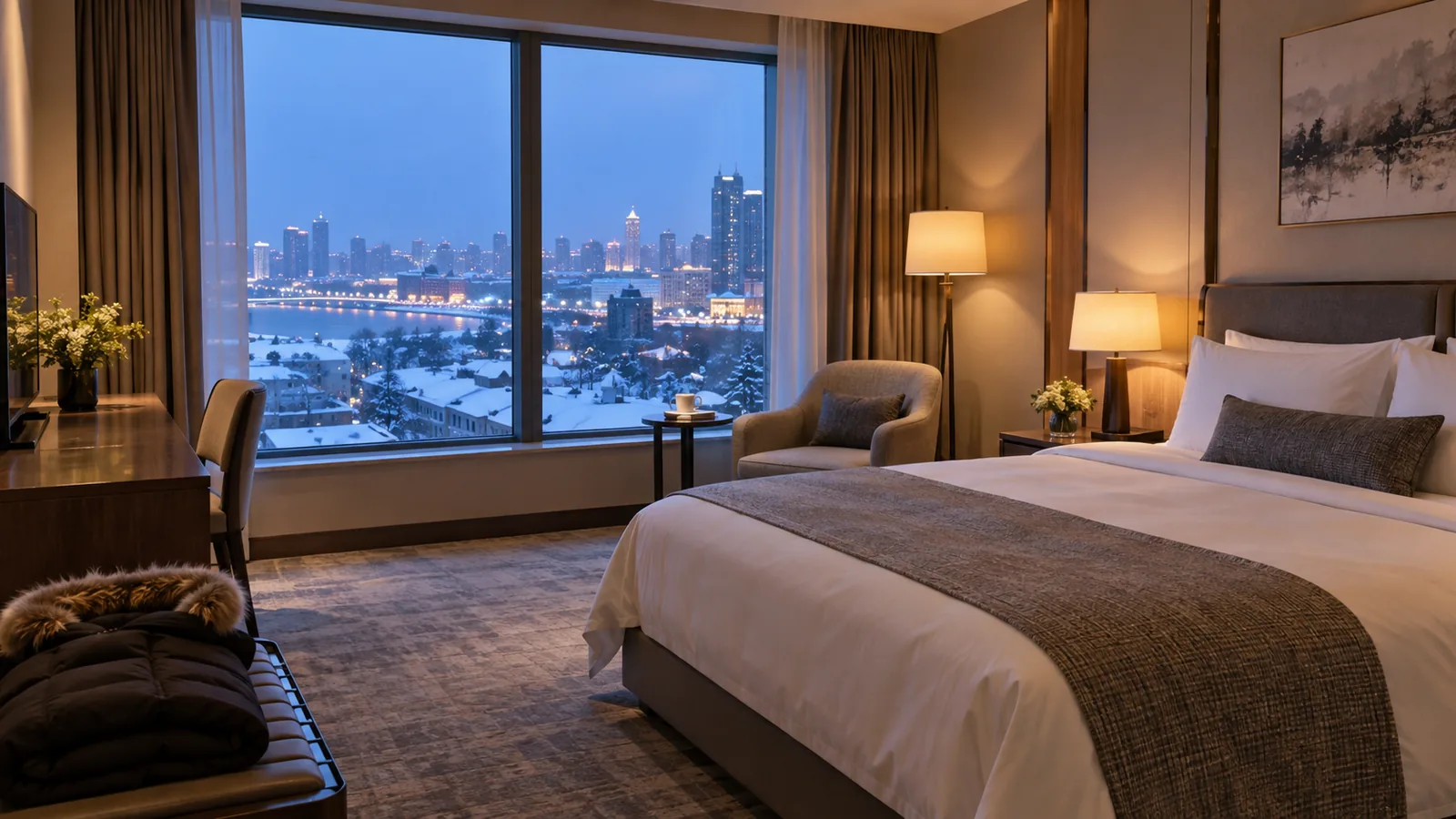 Warm Harbin hotel room overlooking a snowy cityscape