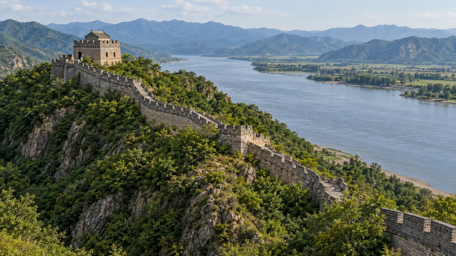 Hushan Great Wall rising beside the broad Yalu River near Dandong