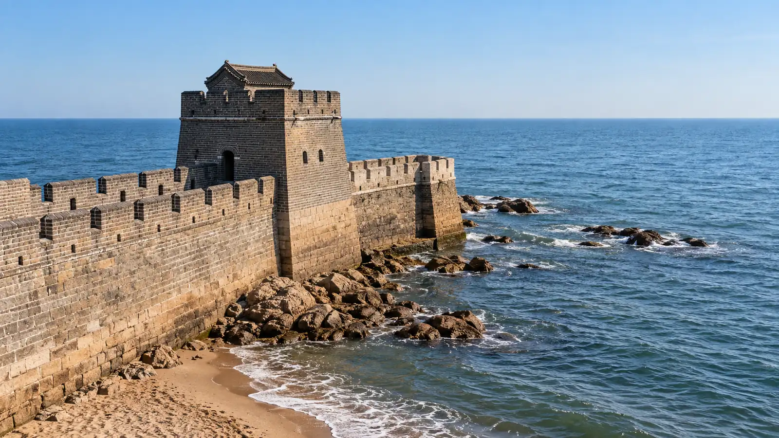 Laolongtou fortified Great Wall platform meeting the Bohai Sea shoreline
