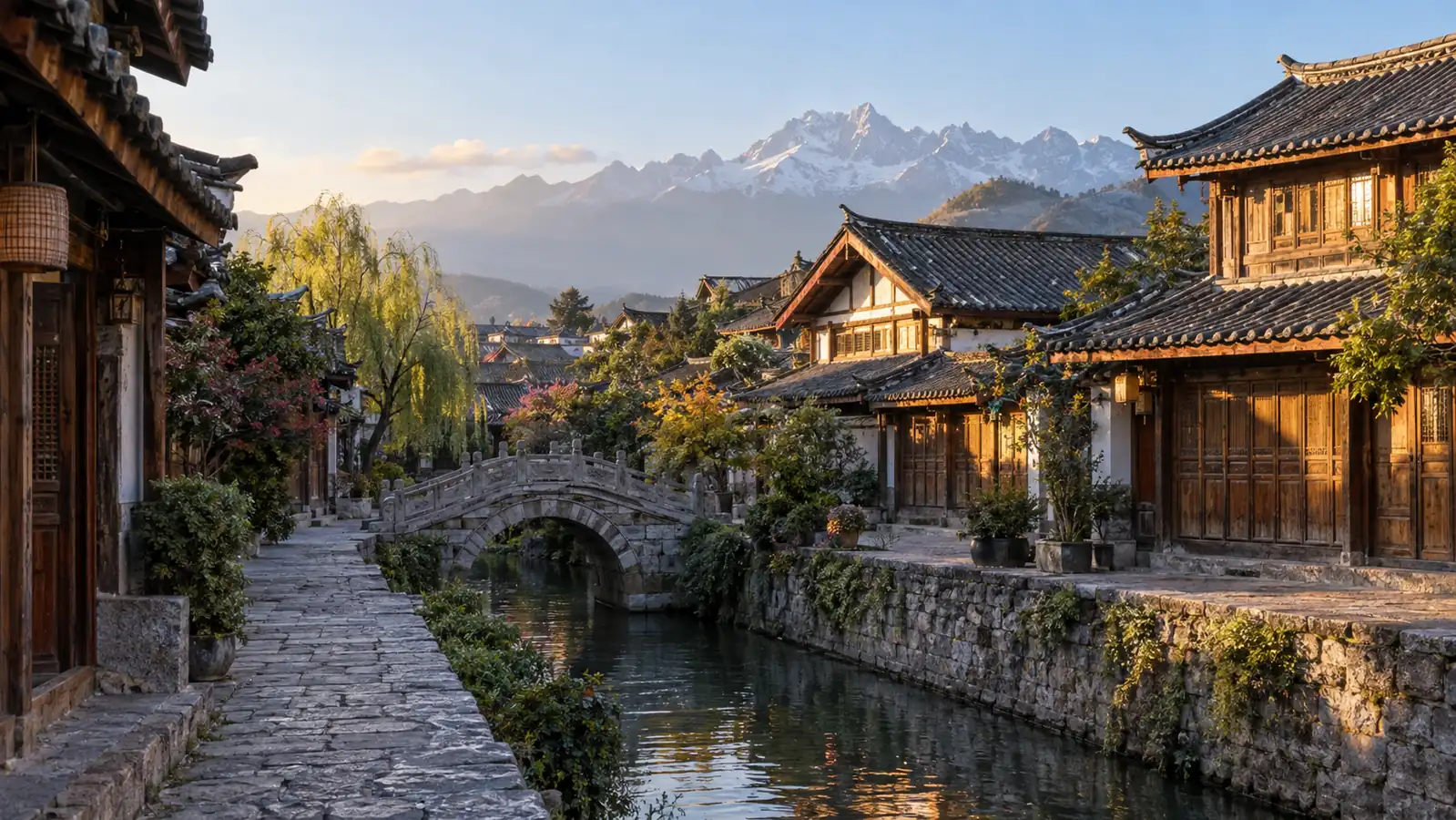 Stone canal and traditional wooden houses in Lijiang Old Town Stone canal and traditional wooden houses in Lijiang Old Town