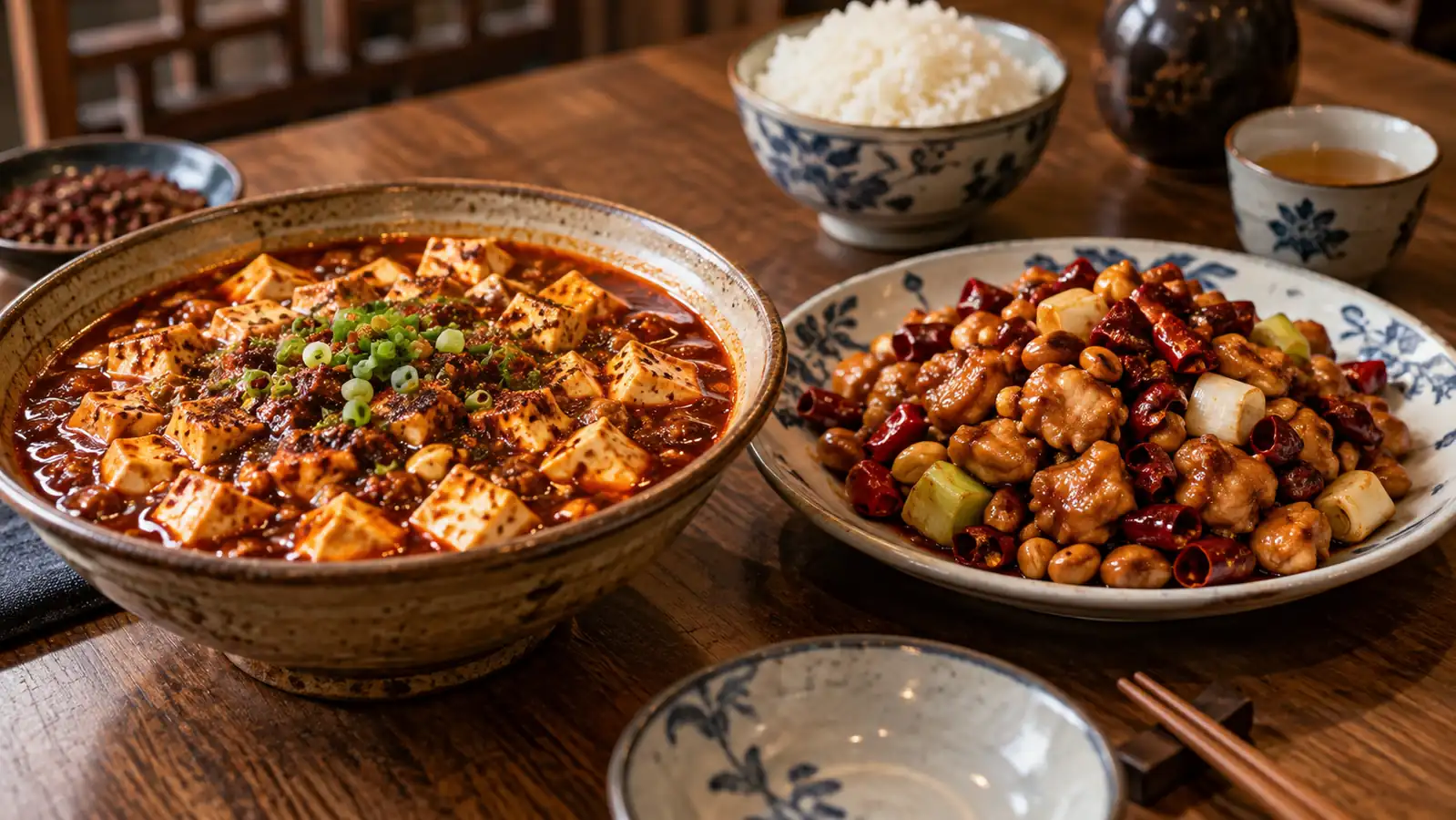 Classic Sichuan mapo tofu and gong bao chicken Mapo tofu and gong bao chicken on a Sichuan table