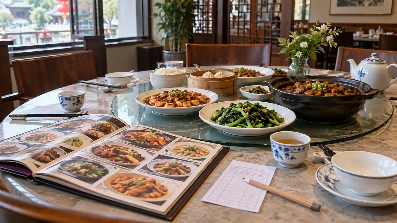 Ordering a balanced shared meal in China Picture menu and shared dishes on a Chinese restaurant table