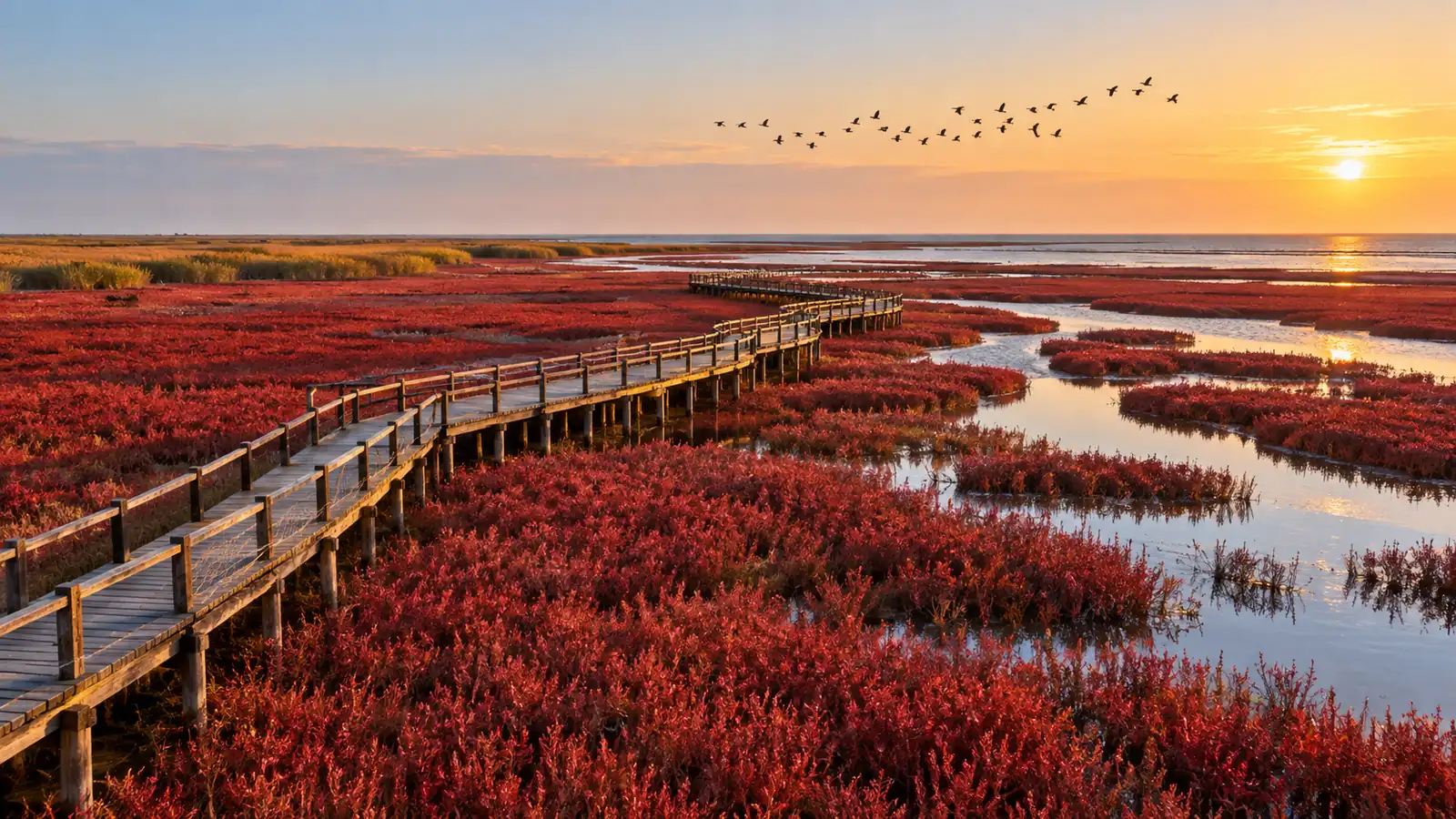 Crimson seepweed wetland and boardwalk at Red Beach in Panjin Crimson seepweed wetland and boardwalk at Red Beach in Panjin