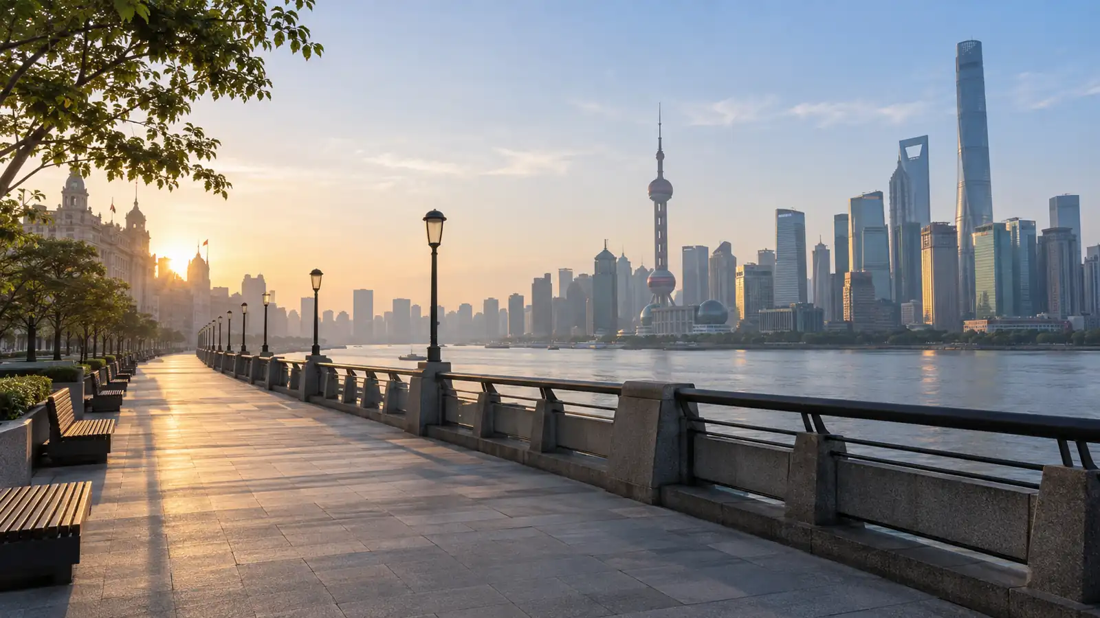 Quiet Bund promenade in gentle early-morning light Quiet Bund promenade in gentle early-morning light