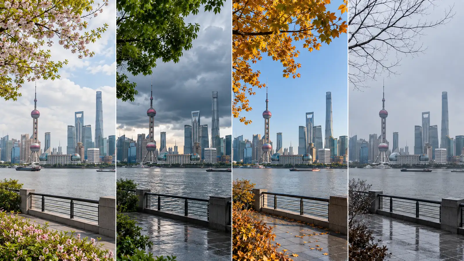 Shanghai skyline across spring, summer, autumn, and winter Shanghai skyline across spring, summer, autumn, and winter