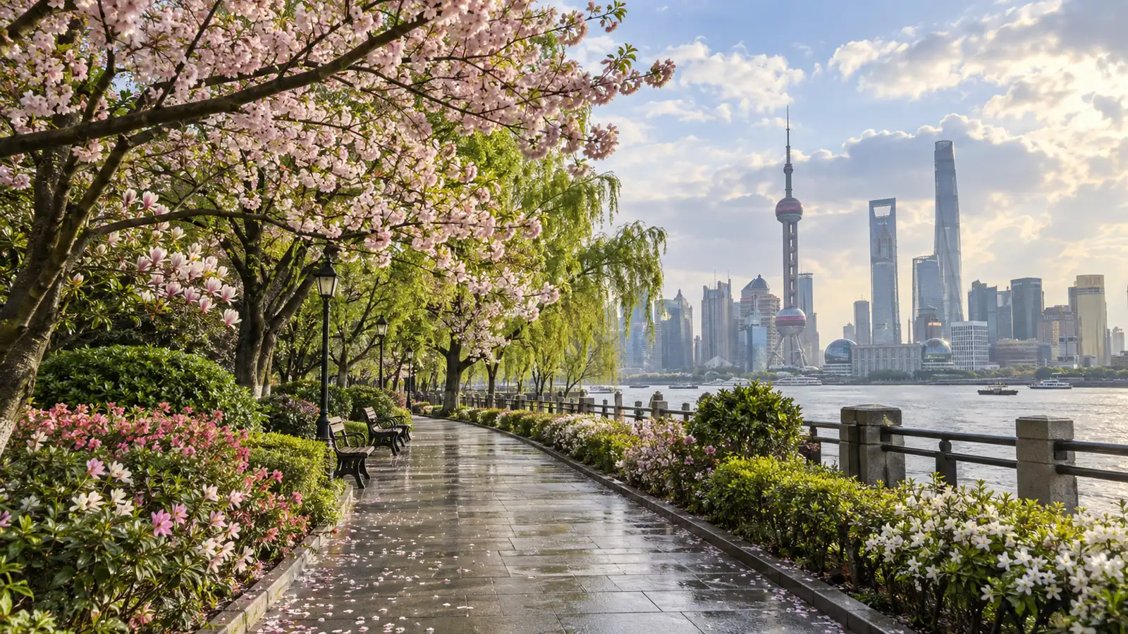 Blooming spring garden beside the Shanghai waterfront Blooming spring garden beside the Shanghai waterfront