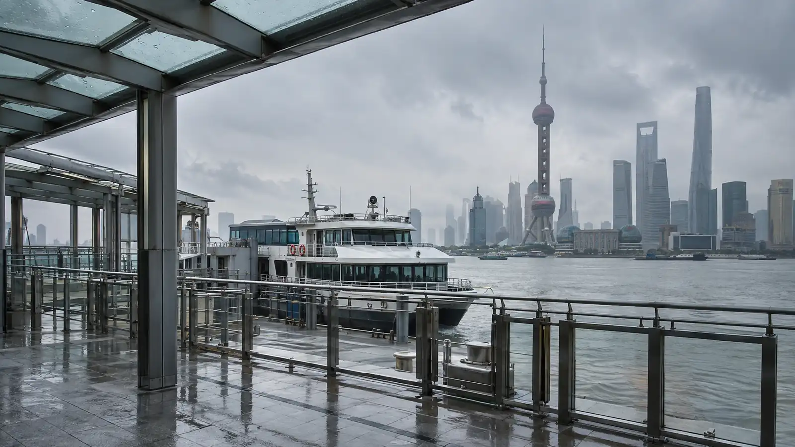 Docked Shanghai river ferry under heavy overcast skies Docked Shanghai river ferry under heavy overcast skies